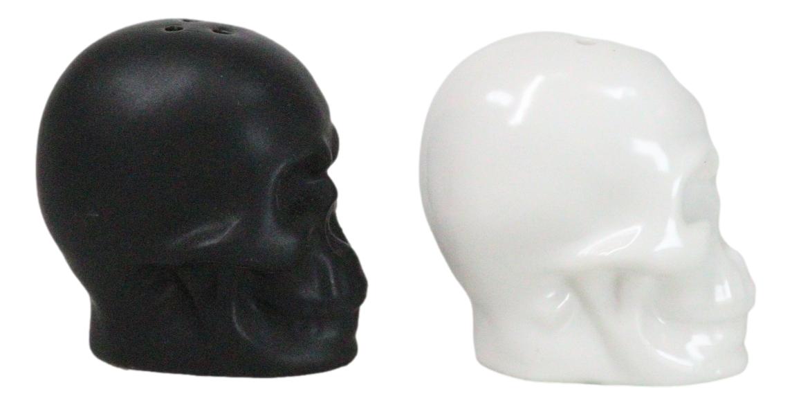 Matte Black And White Sugar Skulls Salt And Pepper Shakers Set Ceramic - Ebros Gift