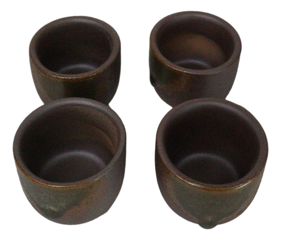 Glazed Ceramic Abstract Clay Brown Japanese Sake Tokkuri Flask And 4 Cups Set