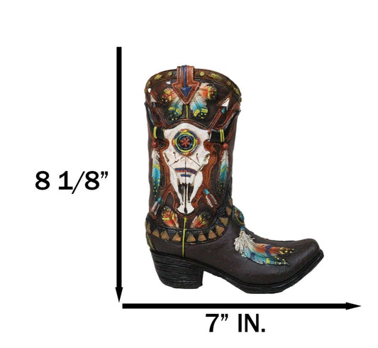 Southwest Turquoise Feathers Cow Skull Crossed Arrows Cowboy Boot Vase Holder