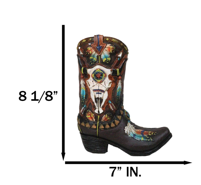 Southwest Turquoise Feathers Cow Skull Crossed Arrows Cowboy Boot Vase Holder