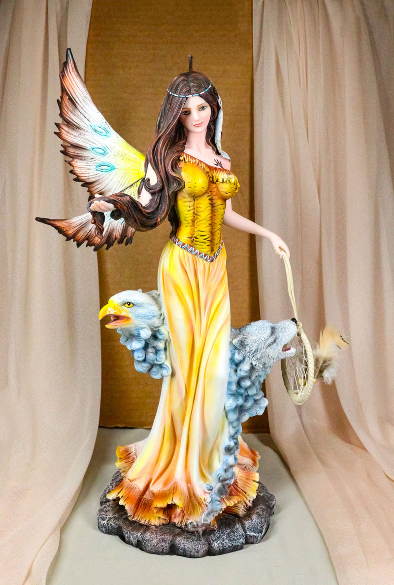 Large Tribal Native Indian Fairy Dreamcatcher with Eagle and Wolf Figurine 18"H