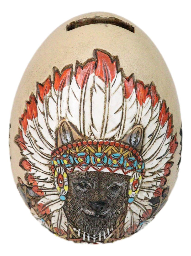 Tribal Indian Chief Wolf With Headdress Roach Egg Shaped Money Bank Figurine