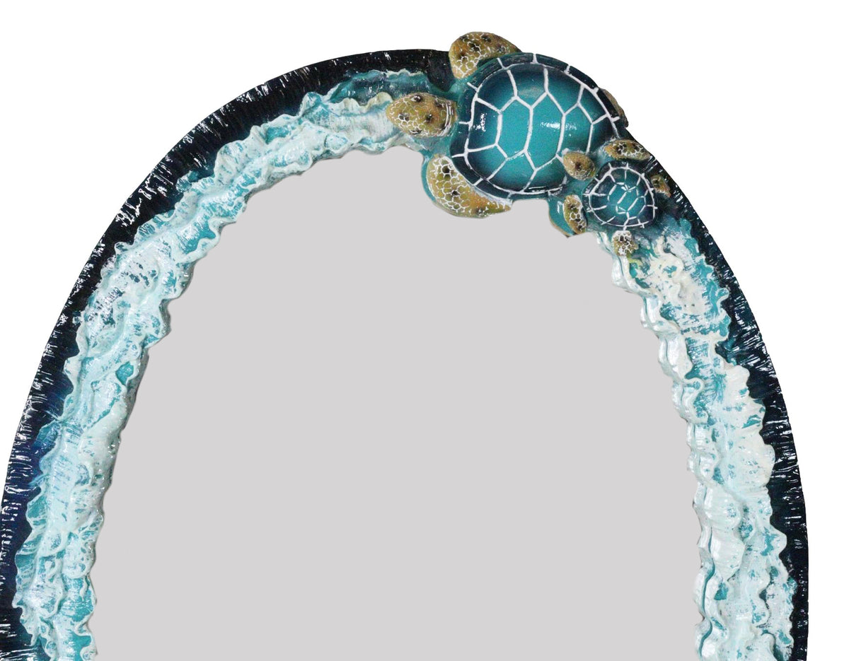 18"H Large Coastal Marine Blue Sea Turtles With Ocean Waves Wall Mirror Decor