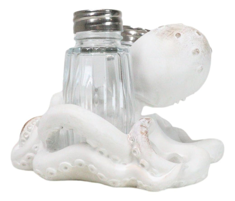 Antique White Nautical Marine Cephalopod Octopus Salt Pepper Shakers Holder Set