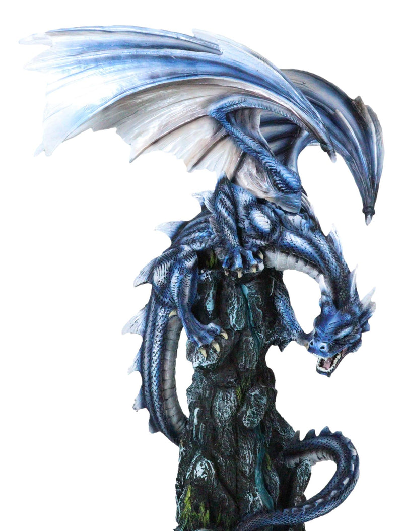 Large Blue Zirconia Rogue Storm Dragon Hovering Over Cliff Rock Waterfall Statue