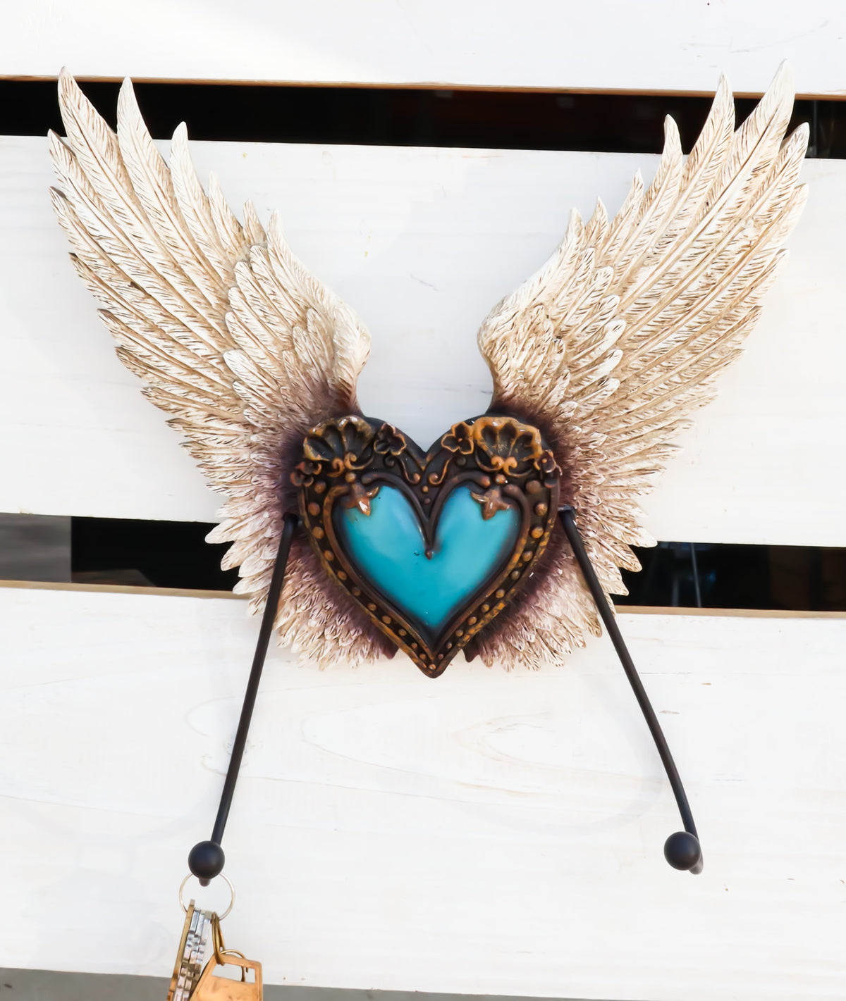 Rustic Western Turquoise Heart Le Fleur Angel Wings Wall Double Hooks Sculpture - Ebros Gift