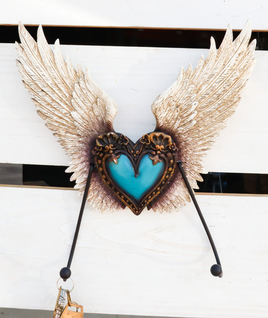 Rustic Western Turquoise Heart Le Fleur Angel Wings Wall Double Hooks Sculpture - Ebros Gift