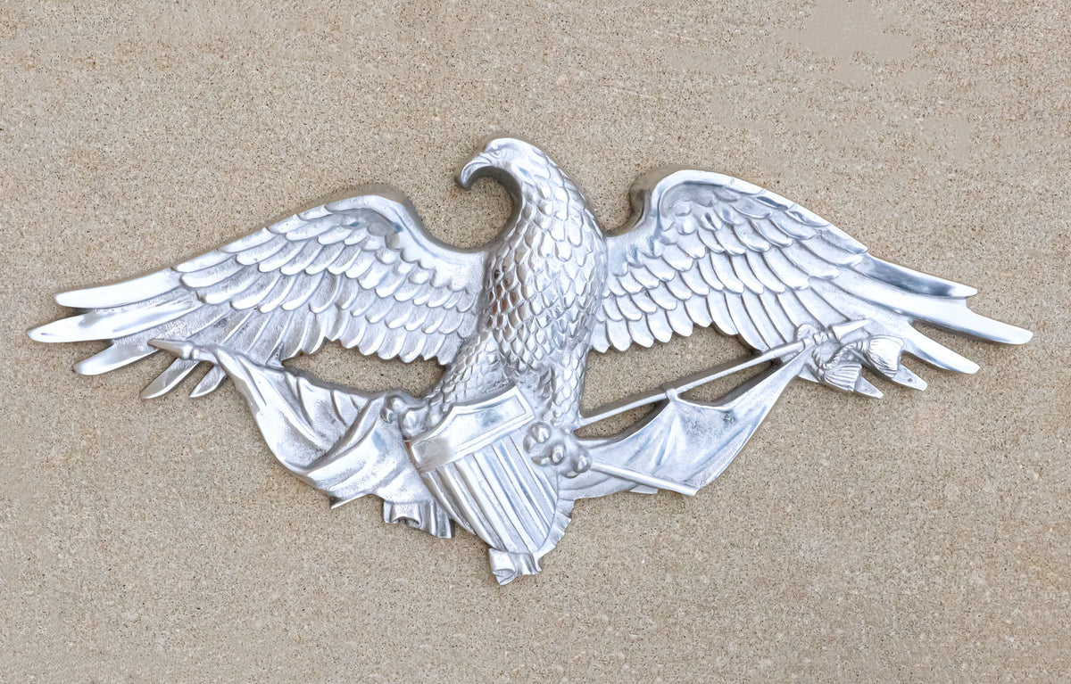 Large 26" Polished Aluminum Bald Eagle Clutching USA Flags And Crest Wall Decor