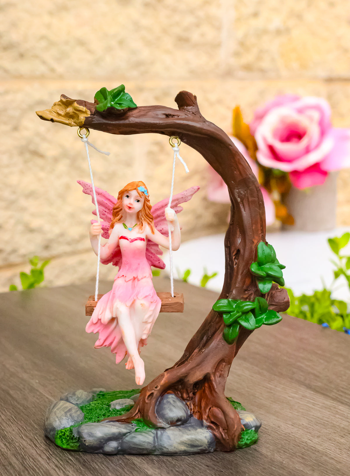 Pink Tribal Fairy On Tree Branch Swing With Pink Wings & Amber Hair Figurine