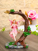 Pink Tribal Fairy On Tree Branch Swing With Pink Wings & Amber Hair Figurine