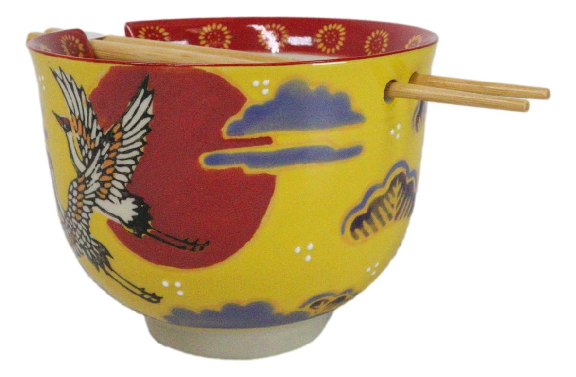 Japanese Cranes With Red Moon Yellow Donburi Ramen Soup Bowl With Chopsticks Set