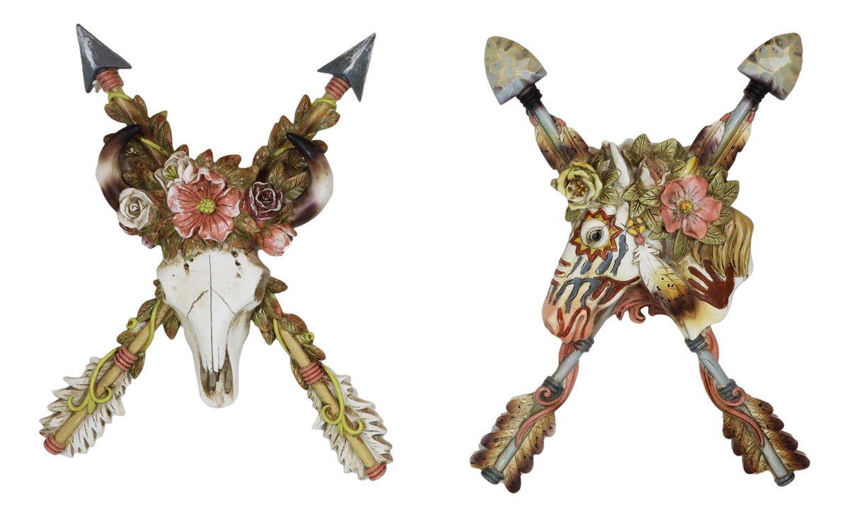 Set of 2 Western Floral Blooms Cow Skull & Horse With Crossed Arrows Wall Decor
