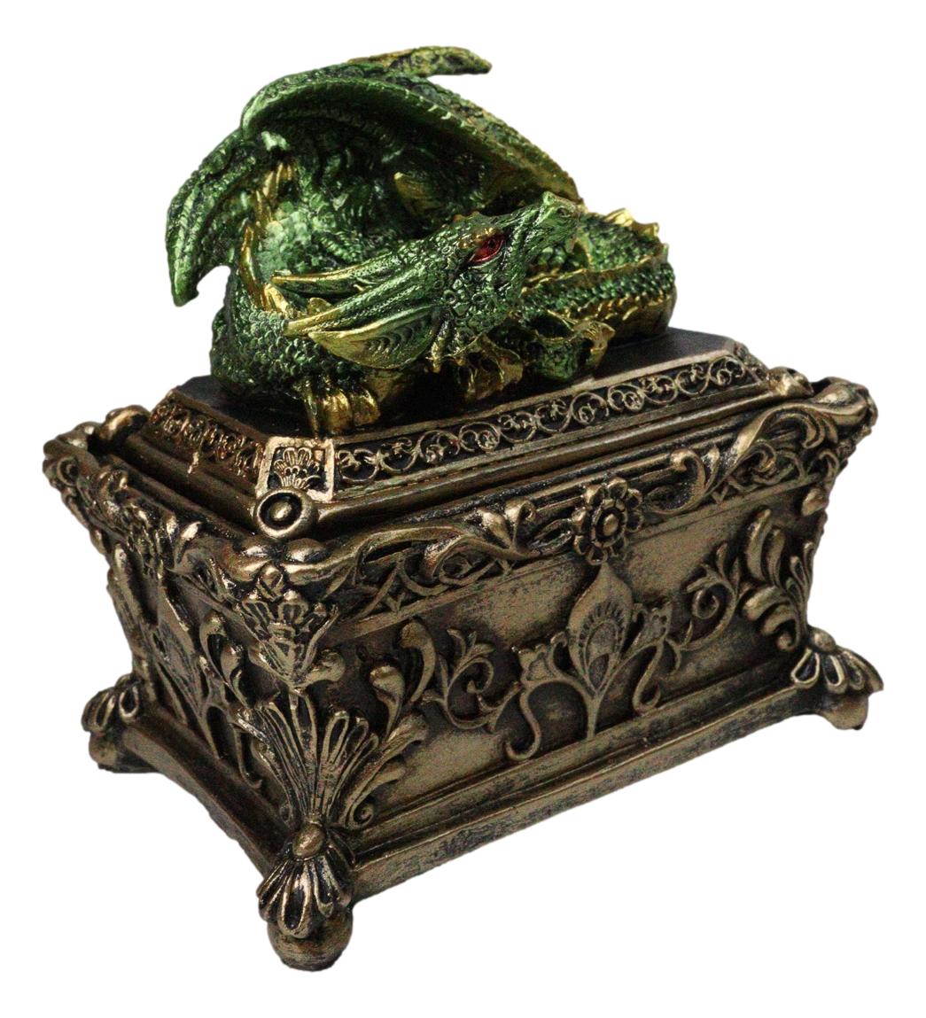 Green Dragon Decorative Jewelry Trinket Box with Sleeping Dragon on Gothic Tomb