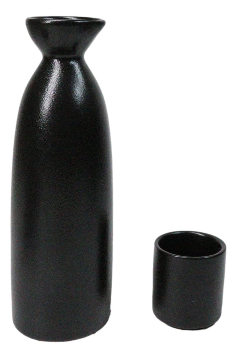 Minimalistic Black Kokuyo Porcelain Sake Carafe Flask 9oz & 4 Ochoko Cups Set