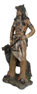 Native Tribal Indian Warrior Holding Bow And Arrow With Alpha Gray Wolf Figurine