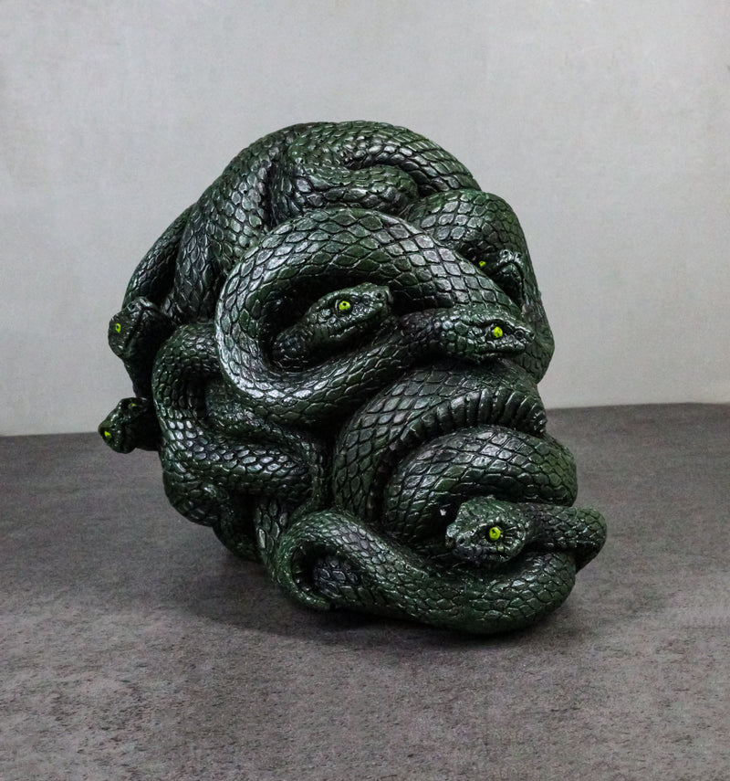 Aztec Quetzalcoatl Green Slithering Snake Serpents Cranium Skull Figurine