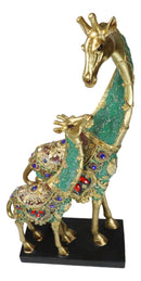 Large 15"H Safari Green Bejeweled Masai Giraffe With Calf On Black Base Figurine