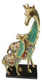 Large 15"H Safari Green Bejeweled Masai Giraffe With Calf On Black Base Figurine