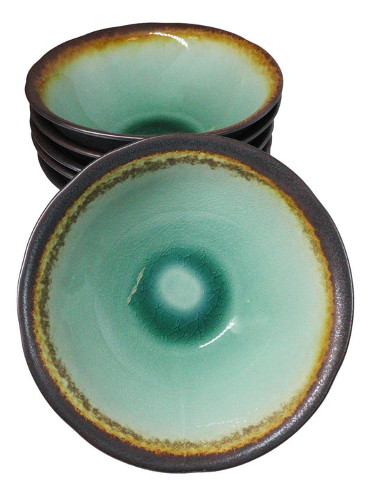 Pack Of 6 Crackle Green Midori Kannyu Ceramic Large Ramen Soup Bowls 47oz