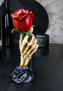 Gothic Skeleton Claw Hand Holding Red Rose Figurine Resin Skull Bone Sculpture