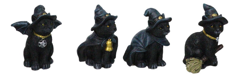 Set of 4 Halloween Black Cats With Witch Hats Broom Pentagram Mini Figurines