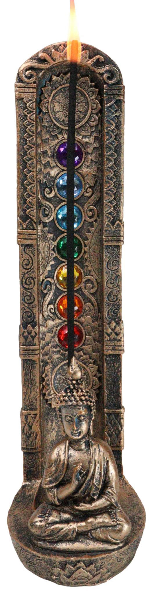 Zen Meditating Buddha Monk With 7 Chakra Zones Gem Colors Incense Holder Statue