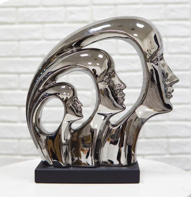 Silver Plated Ceramic Abstract Modern Gallery Art 3 Faces Family Unit Figurine