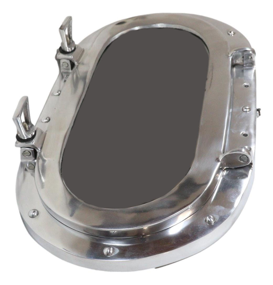 Polished Aluminum Nautical Marine Oval Ship Porthole Folding Wall Mirror 19"L