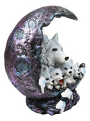 Snow White Wolf Mother With 4 Pups On LED Light Crater Crescent Moon Figurine