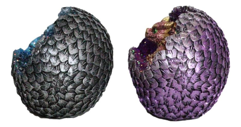 Set of 2 Galaxy Space Baby Dragons In LED Light Faux Geode Quartz Eggs Figurines