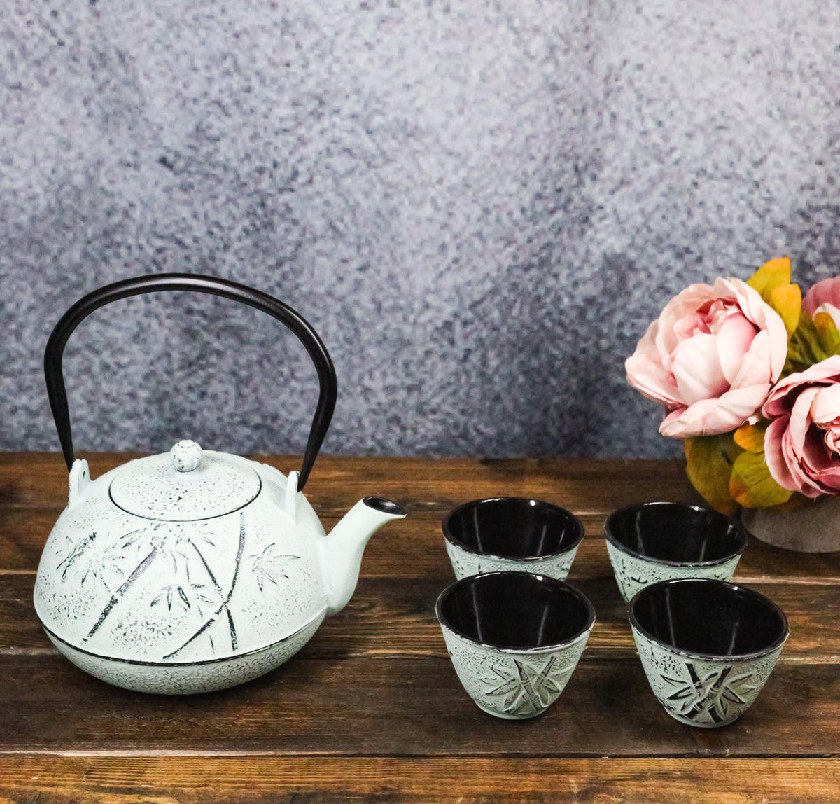 Mint Green Bamboo Design Tetsubin Cast Iron Teapot 40oz And 4 Tea Cups Set
