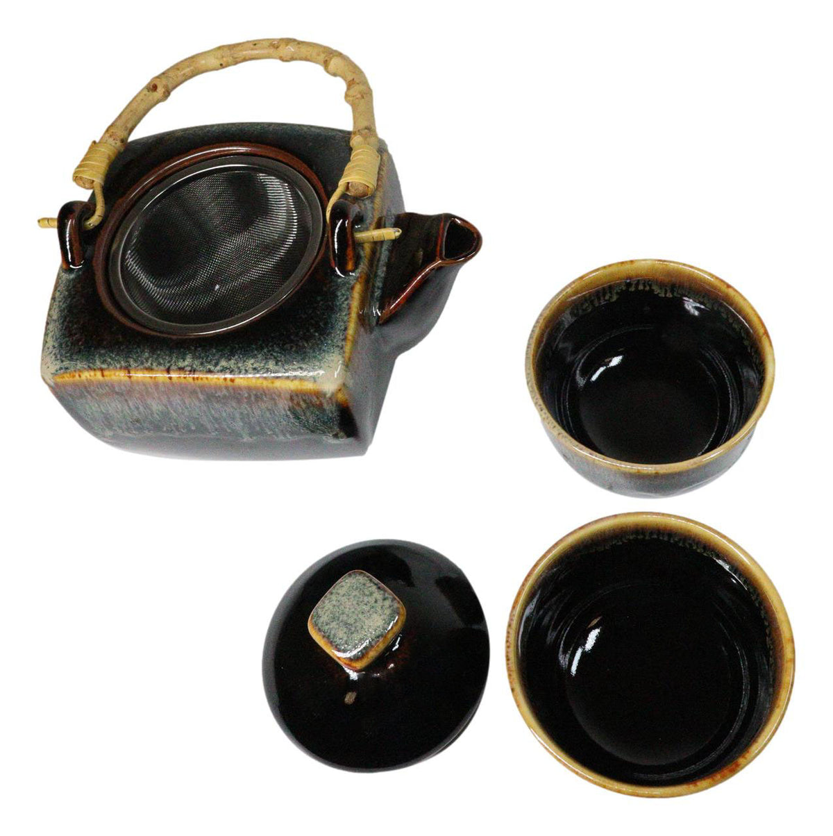 Artistic Black & Brown Waterfall Reactive Glaze 32oz Teapot With 2 Tea Cups Set