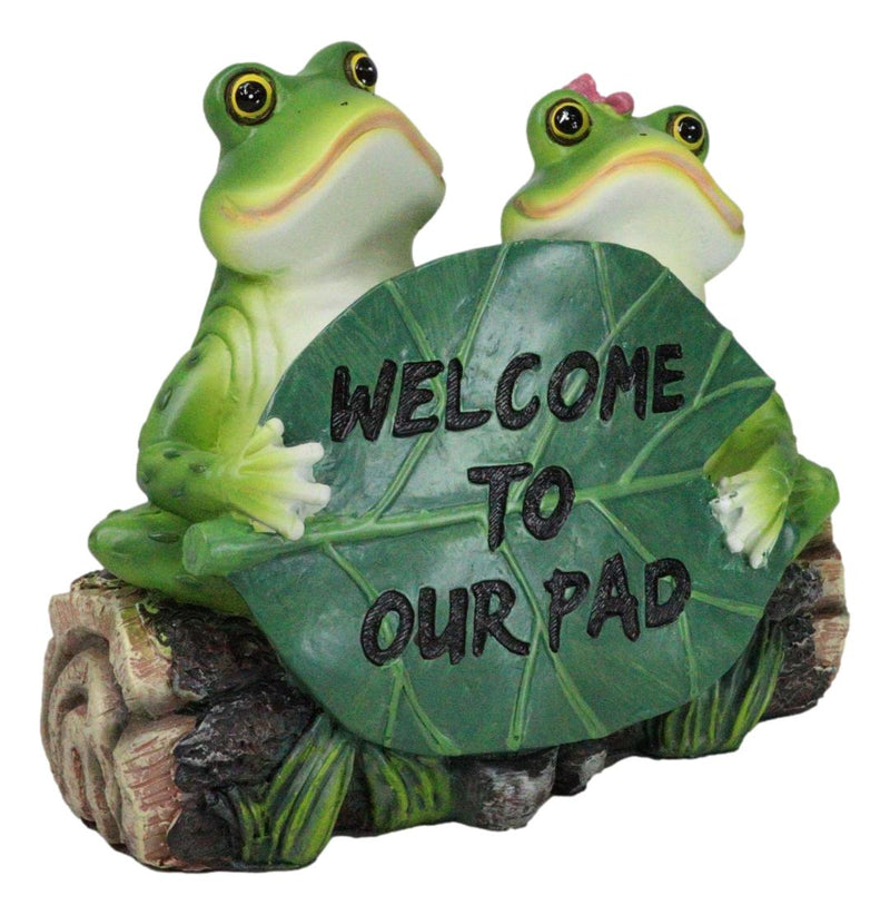 Welcome To Our Pad Green Frog Couple Sitting On Log With Lilypad Sign Figurine