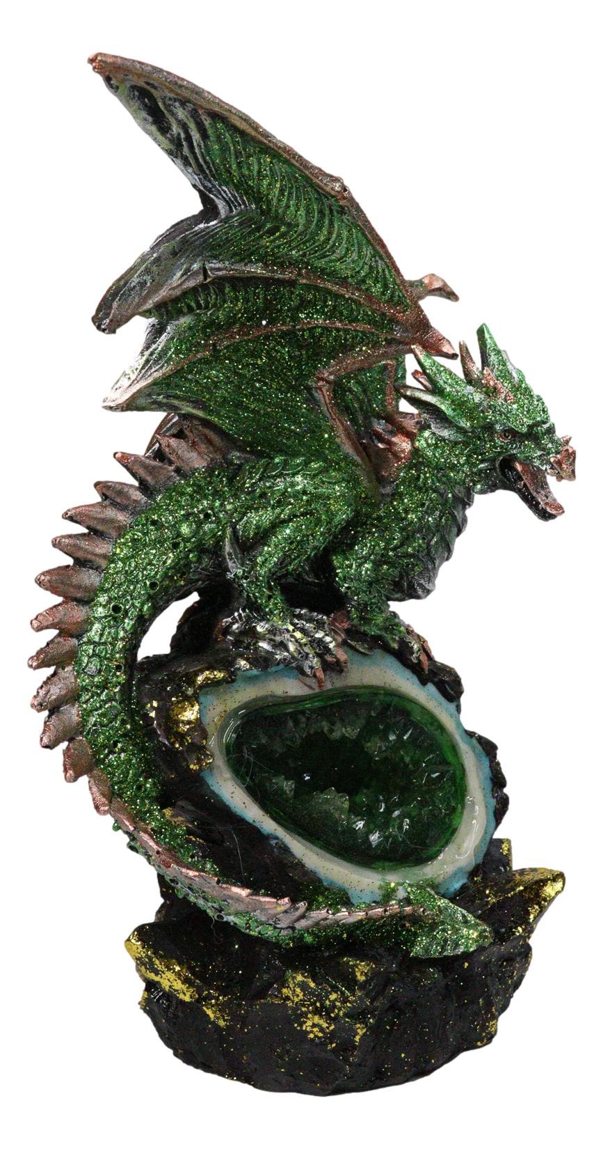 Metallic Green And Gold Dragon Guarding Faux LED Crystal Faux Geode Figurine