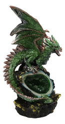 Metallic Green And Gold Dragon Guarding Faux LED Crystal Faux Geode Figurine