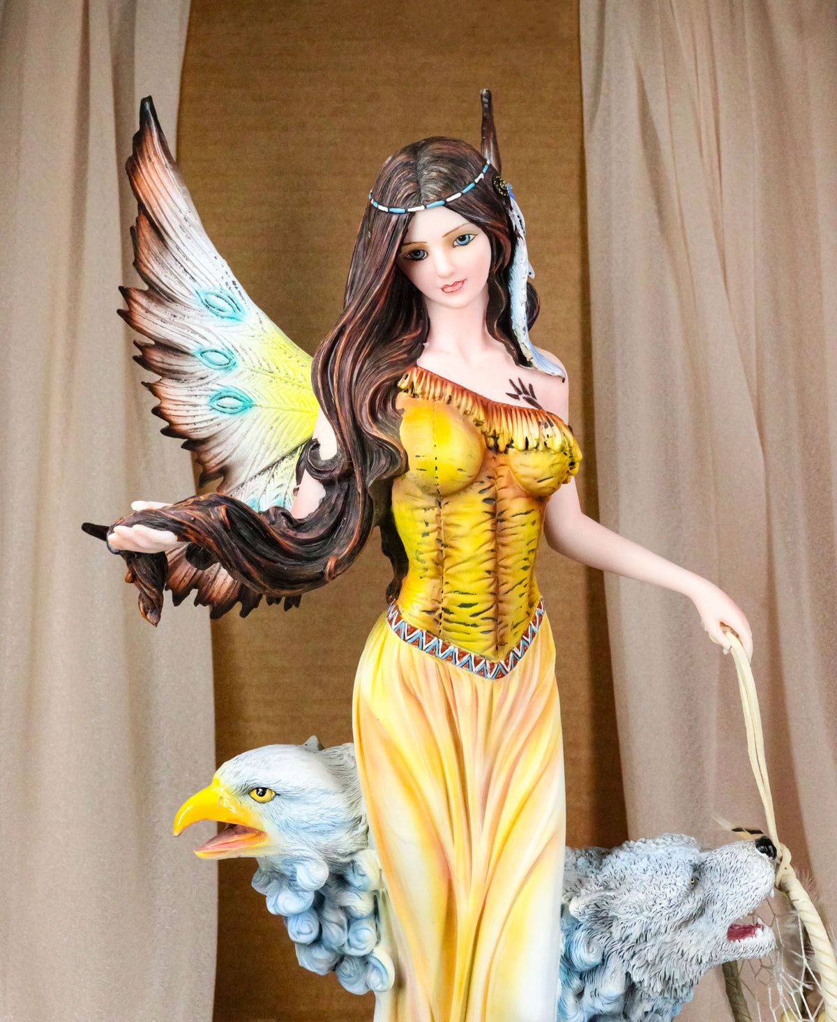 Large Tribal Native Indian Fairy Dreamcatcher with Eagle and Wolf Figurine 18"H