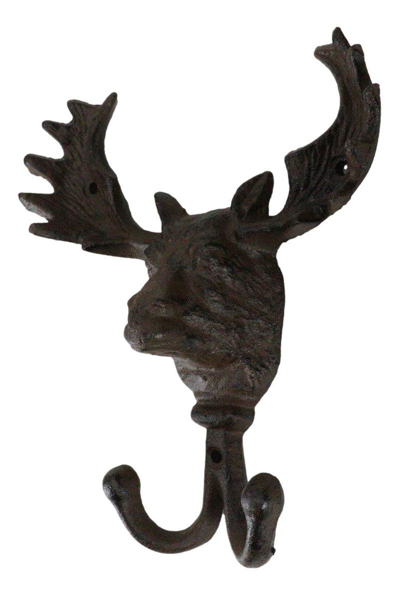 Cast Iron Western Rustic Bull Moose Antlers Head Wall Double Hooks Plaque