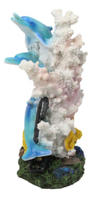 3 Blue Dolphins Swimming Around Coral Reef With Sunken Ship Anchor Figurine