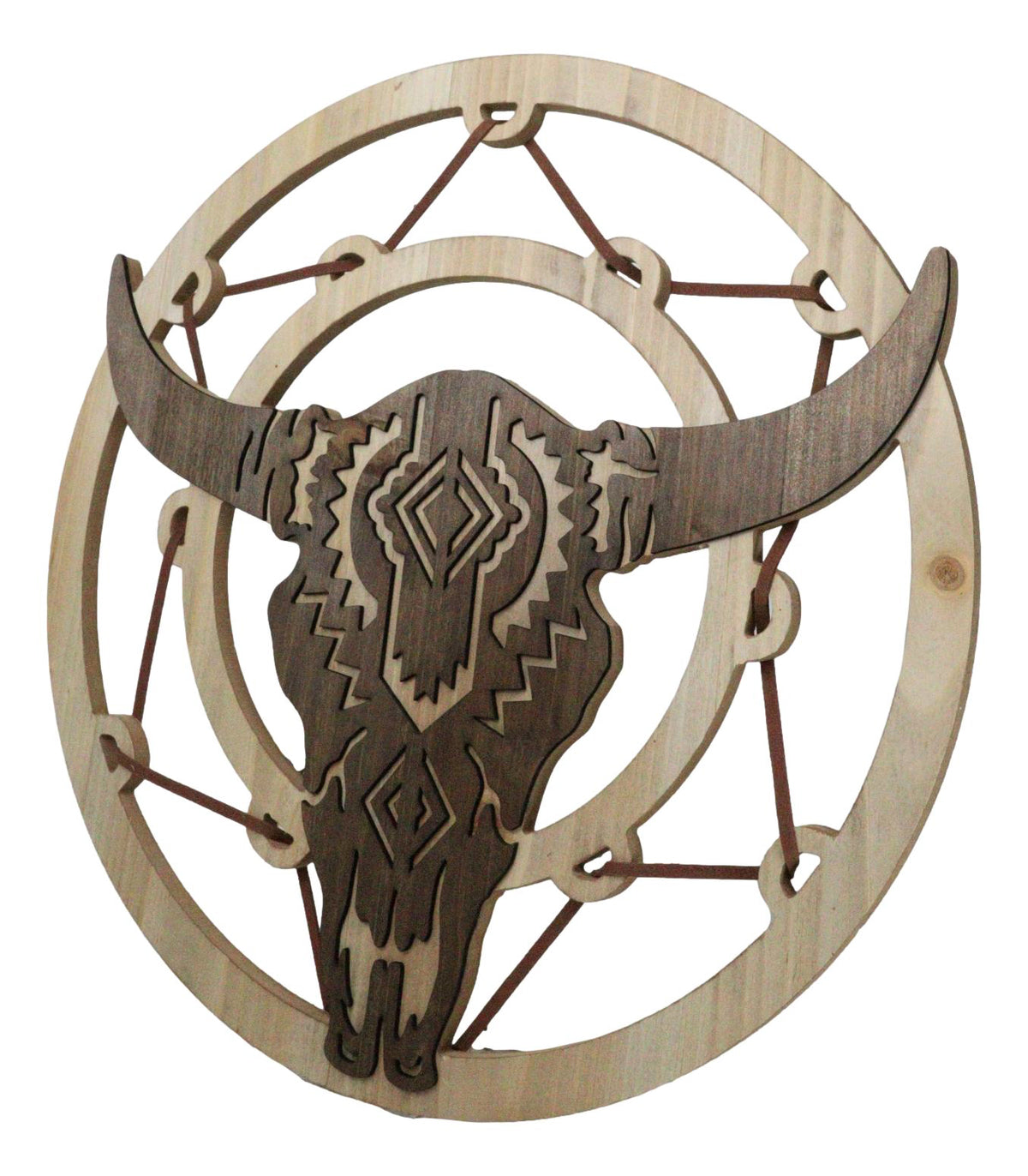 Rustic MDF Wood Buffalo Cow Skull Dreamcatcher Web Circle Wall Decor Plaque
