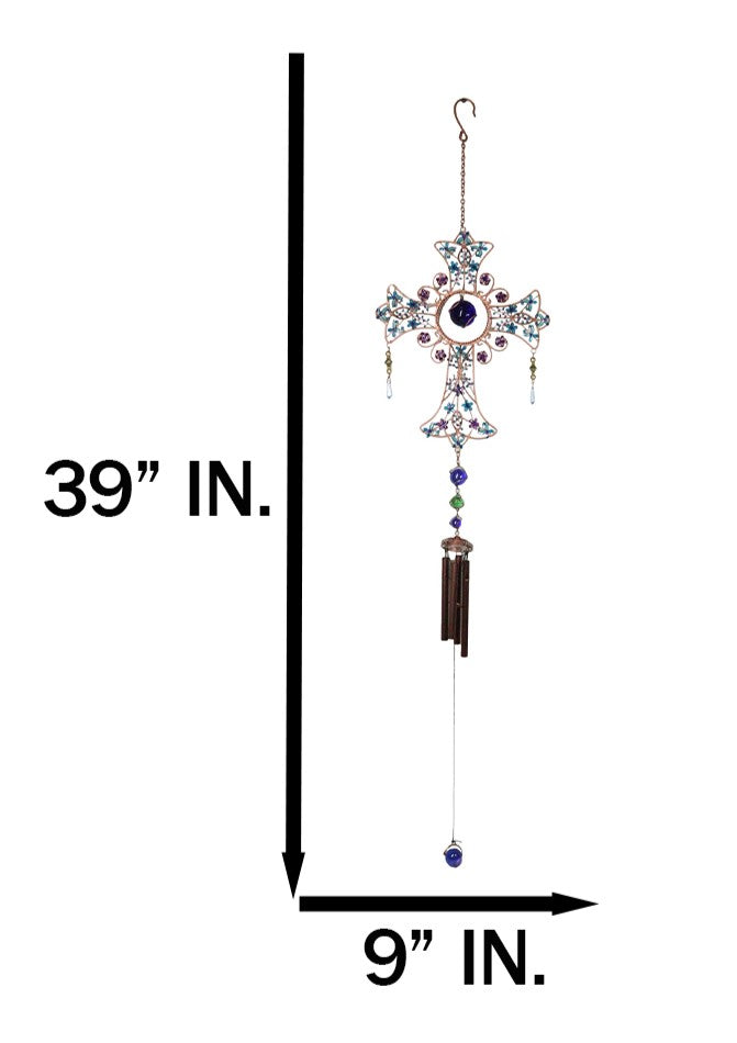 Blue Floral Scroll with Gemstones Christian Cross Art Glass Metal Wind Chime