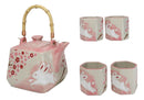 Pink Sakura Cherry Blossoms With Rabbit Hexagonal Teapot With 4 Tea Cups Set