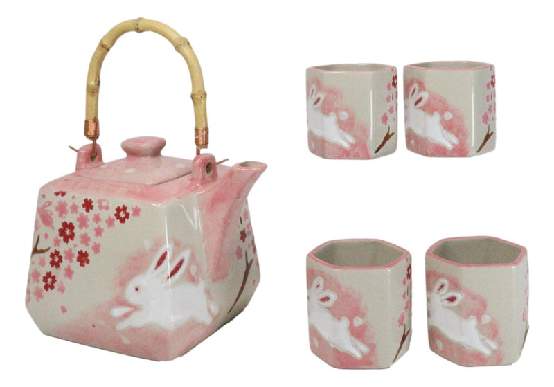 Pink Sakura Cherry Blossoms With Rabbit Hexagonal Teapot With 4 Tea Cups Set