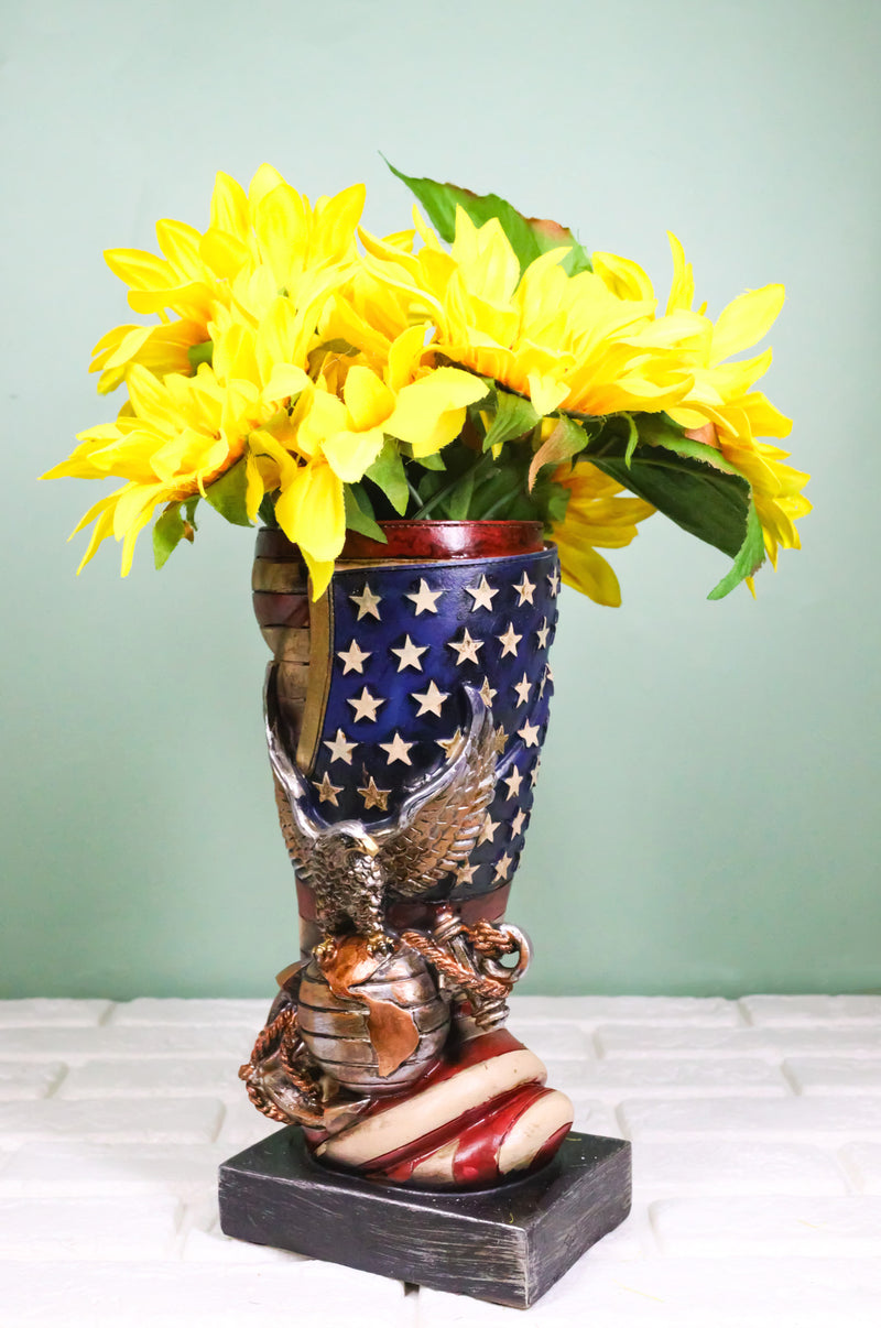 Patriotic USA Military Bald Eagle With American Flag Globe Flower Vase Planter