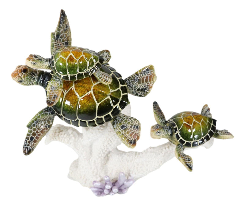 Marine Sea Turtle Mother And Hatchlings Swimming Over Ocean Reef Corals Statue