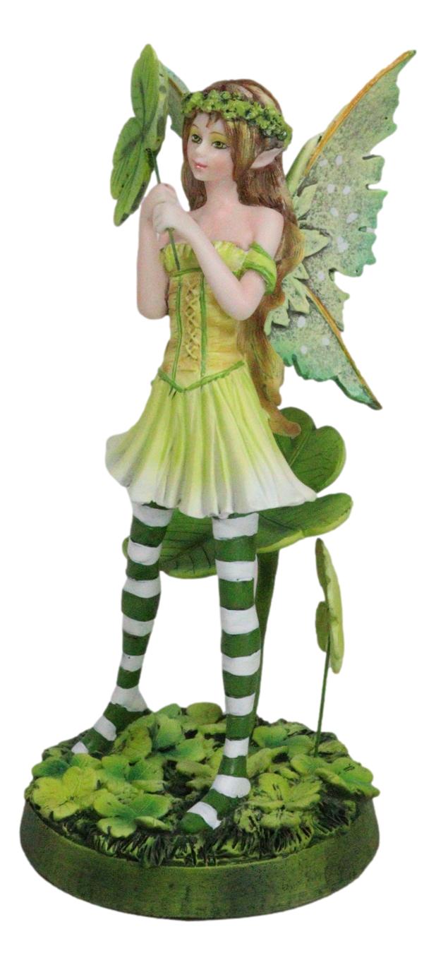 Green Shamrock Lucky Clovers Spring Garden Fairy With Striped Leggings Figurine