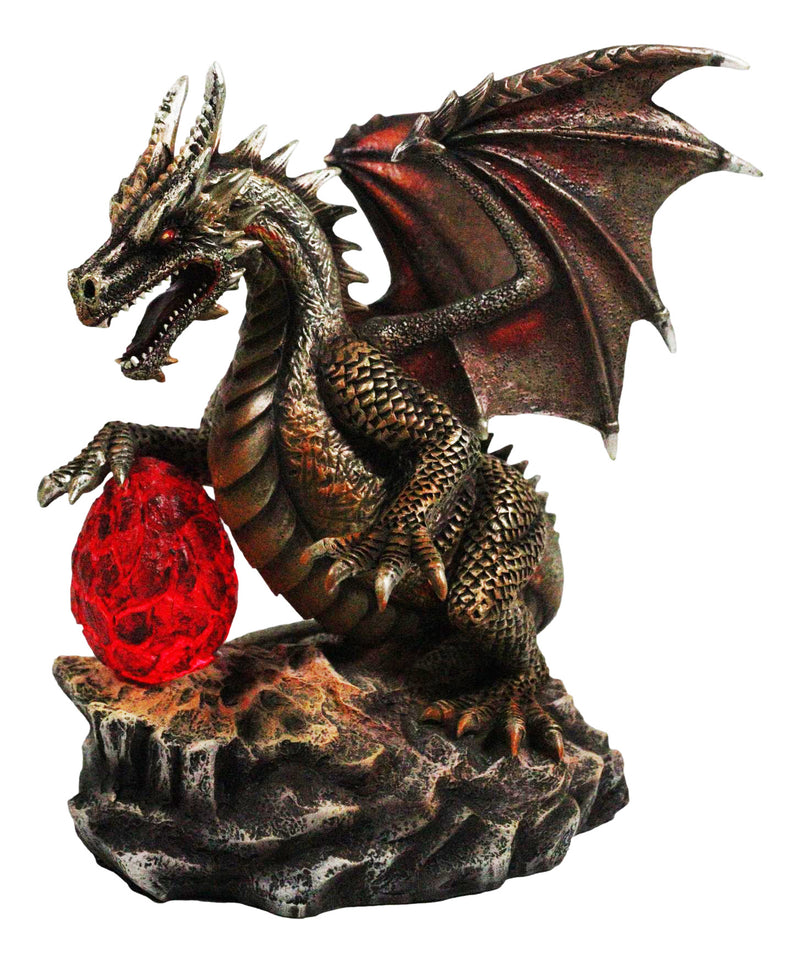 Fantasy Bronzite Fire Dragon Guarding LED Scaled Egg Decorative Figurine
