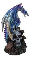 Metallic Blue Dragon with Purple Spikes Perching On Oversized Skull Figurine