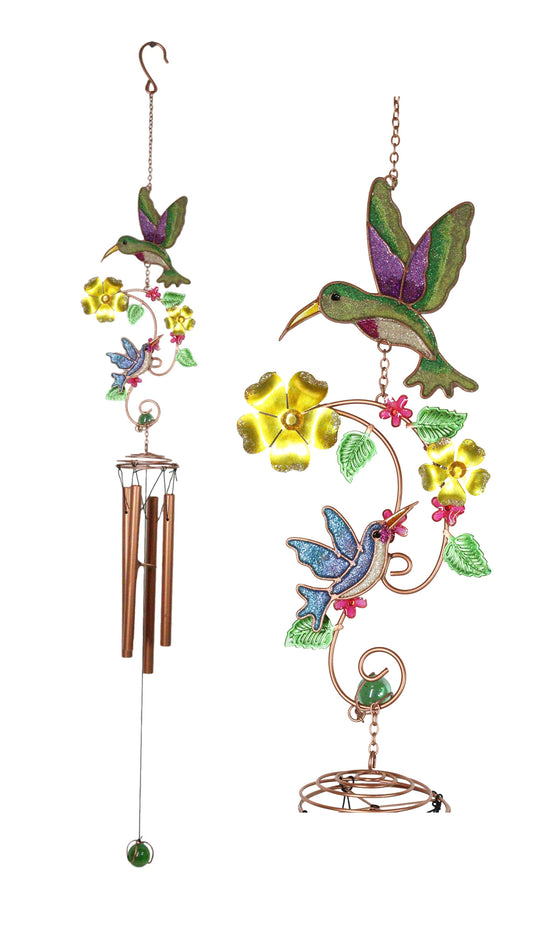 Hummingbirds Hovering Over Nectar Flowers Art Glass Gemstones Metal Wind Chime