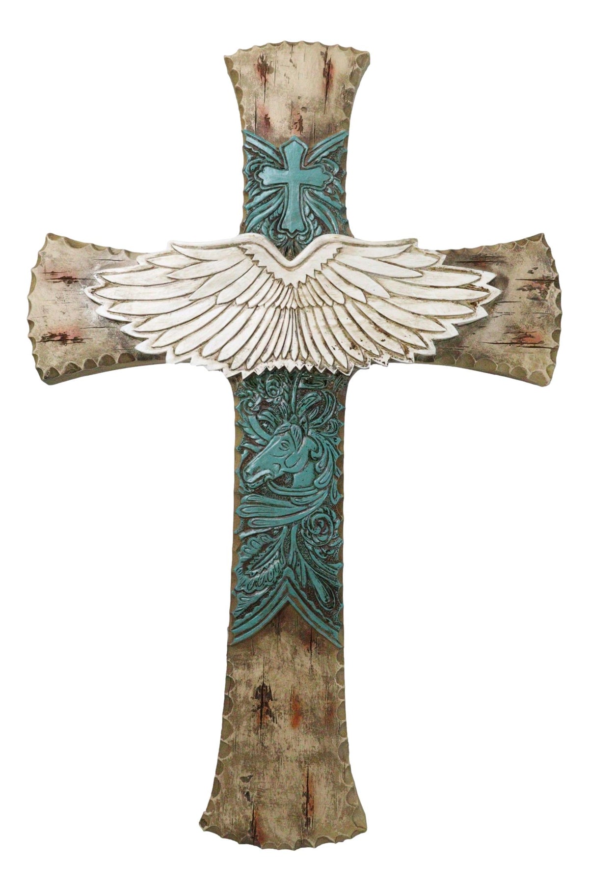 Rustic Western Angel Wings Turquoise Horse And Floral Tooled Leather Wall Cross