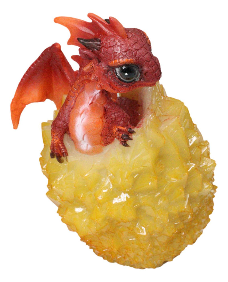 Whimsical Cute Red Baby Dragon Hatchling in Crystal Icicle Golden Egg Figurine